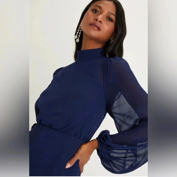 Lulus Graceful Entrance Navy Blue Long Sleeve Backless Maxi Dress Sz XS nwot - Picture 2 of 3